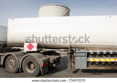 Fuel Truck  and industrial petrol storage tanks, detail