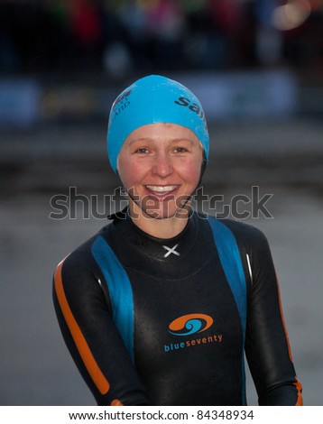 GALWAY, IRELAND - SEPT 4:  Lucy Goosage (19), winner, prepares to start at first Edition of Galway Iron Man Triathlone on September 4, 2011 in Galway, Ireland