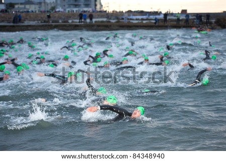 GALWAY, IRELAND - SEPT 4: Athletes swimming at first Edition of Galway Iron Man Triathlon on September 4, 2011 in Galway, Ireland