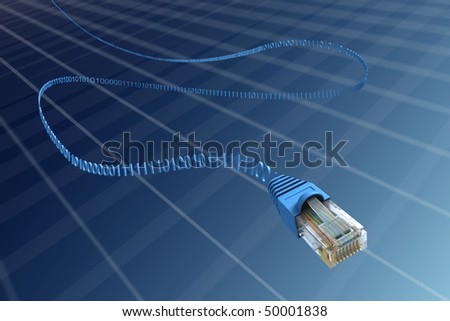 Internet cable. Binary code data is flowing through the wire.