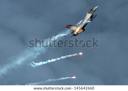 OSTRAVA, CZECH REPUBLIC-SEPTEMBER 23: Turkish F-16 Falcon - Display Team Solo Turk performs during airshow session NATO Days on September 23, 2012 in Ostrava, Czech republic