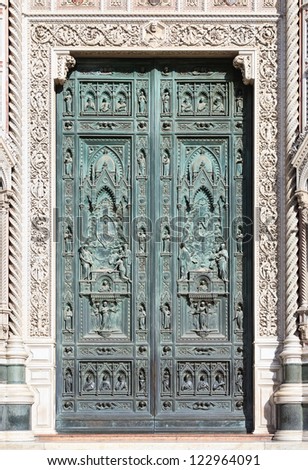 Front doors of Cathedral of Santa Maria del Fiore, Florence (Italy). A smaller version of image assembled from multiple frames
