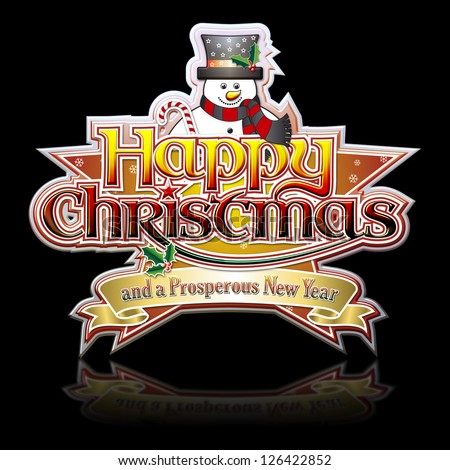 Happy Christmas Lettering with Snowman on Star graphic with clipping path, black ground.