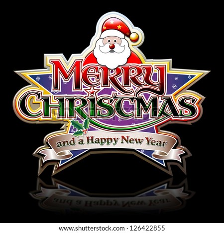 Merry Christmas Lettering with Santa on Star graphic with clipping path, black ground.