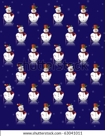 Multiple Snowmen, One with Bobble Hat and One with Top Hat, scarf and Candy Cane on Blue Background with Snowflakes