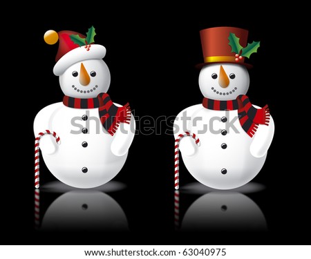 Illustration of 2 Snowmen, One with Bobble Hat, scarf and Candy Cane and One with Top Hat, scarf and Candy Cane on Black Background
