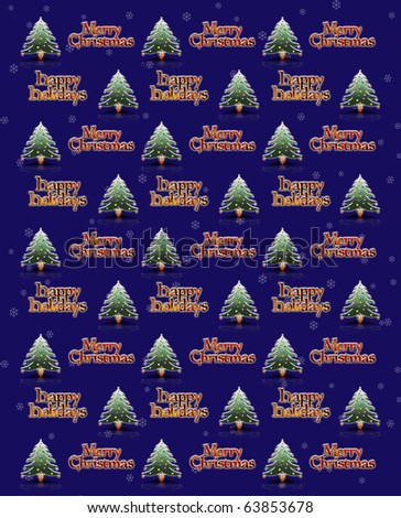 Multiple Christmas Trees with Colorful Chrome Stars and Merry Christmas, Happy Holidays Chrome Lettering on Dark Blue Background with Snow Flakes