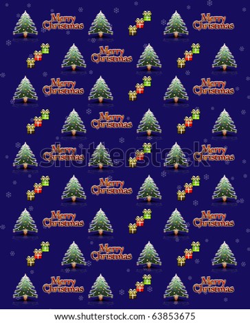 Multiple Christmas Trees with Colorful Chrome Stars, Foil Wrapped Christmas Parcels with Bows and Merry Christmas Chrome Lettering on Dark Blue Background with Snow Flakes