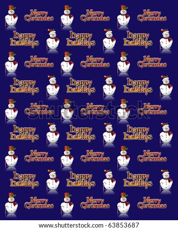 Multiple Snowmen with bright Chrome Merry Christmas and Happy Holidays Lettering on Dark Blue Background