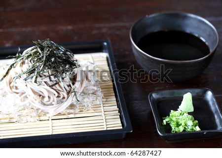 Traditional Japanese food , cold soba on wood pattern