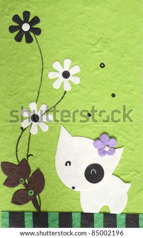 papercraft Dog with flower in green background , my handmade