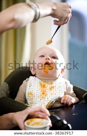 Hungry six month old baby eating solid food from a spoon