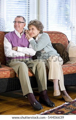 Happy senior couple sitting together on couch in living room
