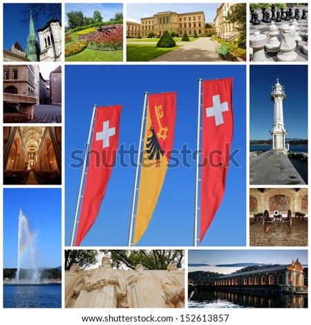 Geneva collage with swiss flag, Saint-Peter cathedral, flowers clock, Bastions university, outdoor chessgame, old city, lighthouse, antique canon, water fountain, reformation wall and BFM