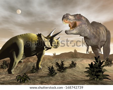 One tyrannosaurus roaring at triceratops dinosaur in desertic landscape by night One tyrannosaurus roaring at triceratops dinosaur in desertic landscape by night