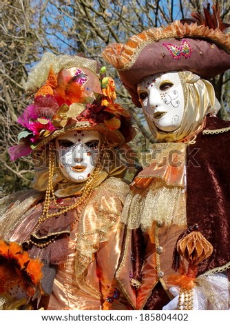 Beautiful colorful couple at the 2014 venetian carnival of Annecy, France