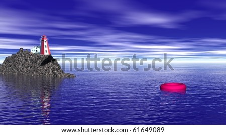 White and red small lighthouse next to a house and on a grey rock facing a deep blue sea with a red buoy by night