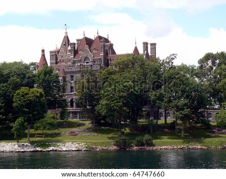 Boldt Castle on Heart Island in the thousand Islands, Ontario lake, Canada, by cloudy weather