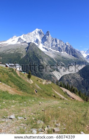 View of the Mont-Blanc massif behind a little house in the mountain by beautiful weather, Chamonix, France