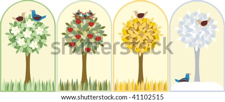 Illustration about 4 seasons: spring, summer, autumn, winter. Spring is time of love, summer is time of happy, autumn is time of parting, and winter is time of meeting.