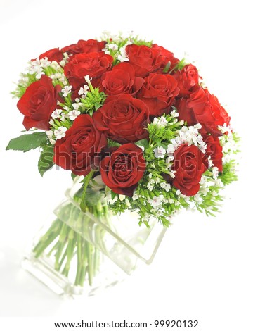 Red rose with small white flower bouquet isolated on white