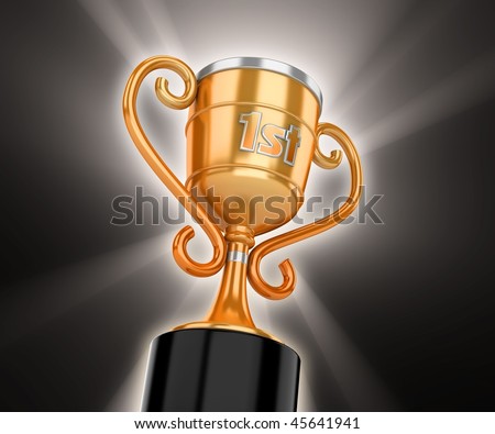 Gold winner cup with volume light on black background