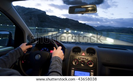 stock photo Inside car view at two ways road