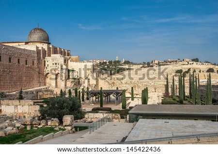 Al Aqsa Mosque (distant Mosque in Arabic), where God send his prophet Mohammed to pray, - in Islamic tradition. David\'s City archaeological site. Jerusalem, Israel, Middle East.