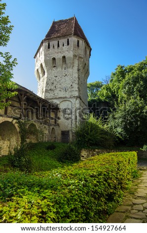 The Tin Coaters Tower from the Sighisoara citadel located in the heart of Transylvania,Romania.The tower has a very complex and strange shape and its walls are riddled with bullets and cannon balls.