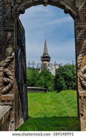Maramures sculpted wooden Gate to church, Romania.