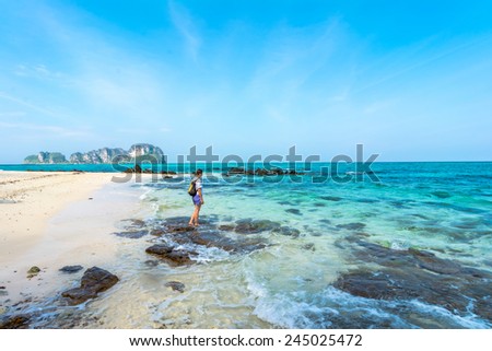 Tourist on the beach in Thailand, Asia. Bamboo Island in Thailand- blue sky and with silky soft white sand, and exceptionally clear water