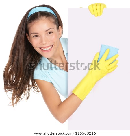 Cleaning woman showing sign poster cleaning isolated on white background. Smiling happy multiracial Chinese Asian / Caucasian cleaning lady