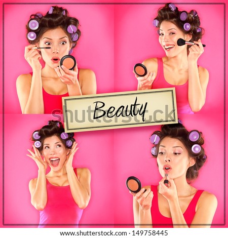 Beauty woman makeup concept collage series on pink. Woman applying make up, lipstick, mascara and blush getting ready to go out. Beautiful multiracial Asian Chinese / Caucasian girl on pink background