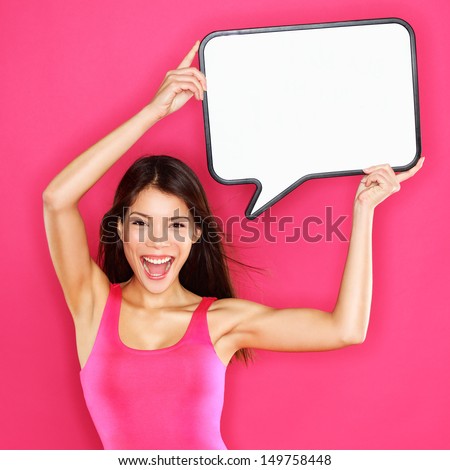 Woman Showing Sign Speech Bubble Happy Sexy With Copy Space For Text