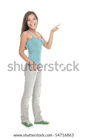 stock photo : Woman pointing to the side standing in full length - isolated 
