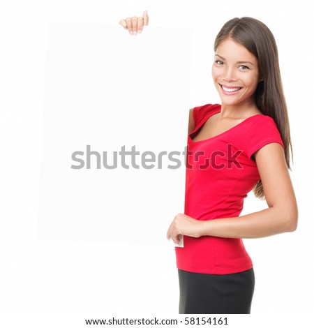Woman whiteboard / placard. Beautiful woman holding white blank billboard sign isolated on white. Mixed race asian chinese / white female model.
