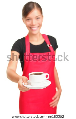 Baristas Coffee Shop on Serving Coffee  Barista Cafe Shop Woman Smiling Showing Cup Of Coffee