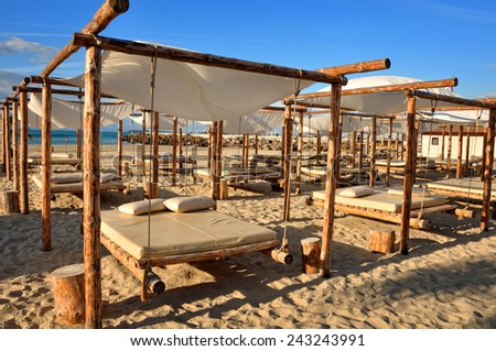 blue sky and sand sunny beach with suspended beds