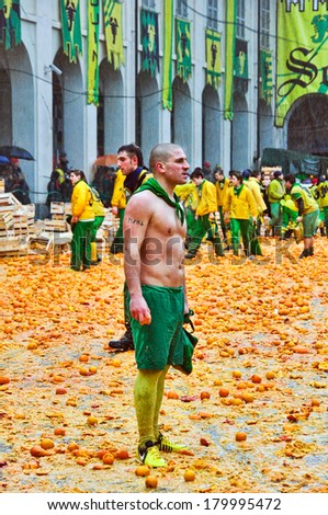 IVREA - MARCH 3: Carnival of Ivrea. The battle of oranges. An unidentified member of Scorpions team. On March 3, 2014 Ivrea, Italy.