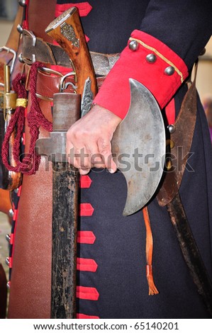 Details of soldier reenactor during the reenactment of siege of Turin (september 1706). Piedmont. Italy.