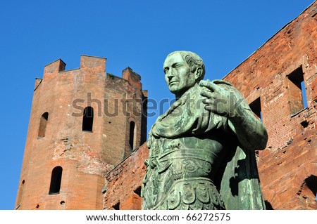 Statue of Augusto Roman Emperor, Porte Palatine in Turin, Piedmont, Italy.