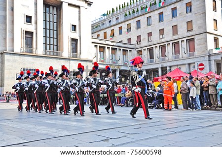 TURIN, ITALY - APRIL 17: Carabiniers march in official parade during the 30th National Gathering of Grenadiers on April 17, 2011 in Turin, Italy.