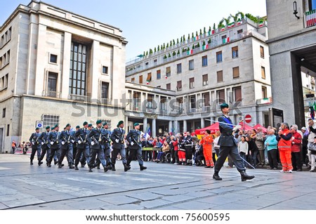 TURIN, ITALY - APRIL 17: Guardia di Finanza (Financial Guard) march in official parade during the 30th National Gathering of Grenadiers on April 17, 2011 in Turin, Italy.