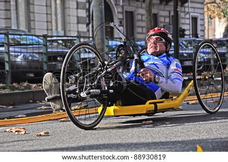 TURIN - NOVEMBER 13: Unidentified athlete on wheelchair at the international competition Turin Marathon. November 13, 2011 Turin, Italy.