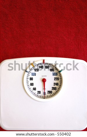 White bathroom scale on red background