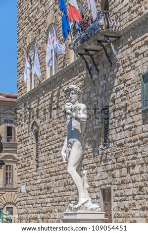 Copy of Michelangelo\'s David statue standing in its original location, in front of the Palazzo Vecchio at Piazza della Signoria in Florence, Italy