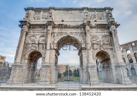 Arch of Constantine (Arco di Costantino), a triumphal arch in Rome, located between the Colosseum and the Palatine Hill.