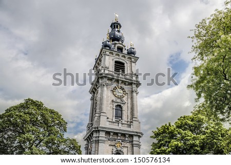 Belfry of Mons, one of Belfries of Belgium and France, a group of 56 historical buildings designated by UNESCO as World Heritage Site in the capital of the Wallonian province of Hainaut in Belgium.