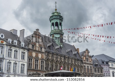 Gothic style City Hall and it\'s renaissance bell tower on the central square in Mons, capital of the Wallonian province of Hainaut in Belgium.