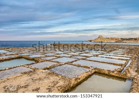 Salt evaporation ponds, also called salterns or salt pans located near Qbajjar on the maltese Island of Gozo.